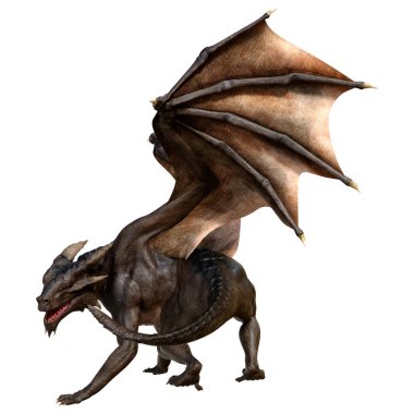 Beyaz arka planda izole edilmiş bir fantezi ejderhanın 3 boyutlu canlandırması