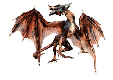 Beyaz arka planda izole edilmiş bir fantezi ejderhanın 3 boyutlu canlandırması