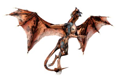 Beyaz arka planda izole edilmiş bir fantezi ejderhanın 3 boyutlu canlandırması