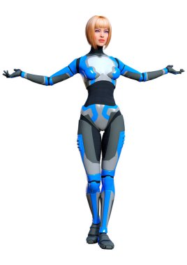 Beyaz arka planda izole edilmiş bir kadın robotun 3 boyutlu canlandırması