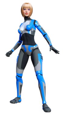 Beyaz arka planda izole edilmiş bir kadın robotun 3 boyutlu canlandırması