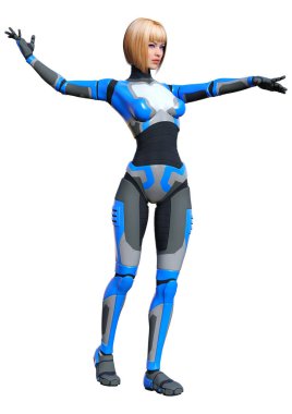 Beyaz arka planda izole edilmiş bir kadın robotun 3 boyutlu canlandırması