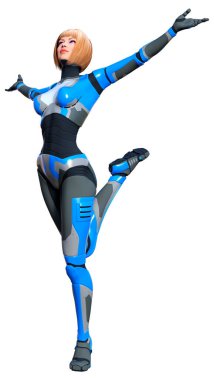 Beyaz arka planda izole edilmiş bir kadın robotun 3 boyutlu canlandırması