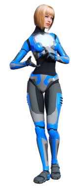 Beyaz arka planda izole edilmiş bir kadın robotun 3 boyutlu canlandırması