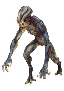 Beyaz arka planda izole edilmiş mavi bir uzaylının 3 boyutlu görüntüsü