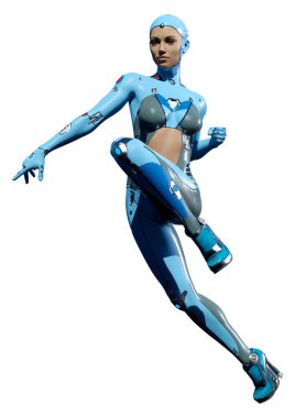 Beyaz arka planda izole edilmiş bir kadın robotun 3 boyutlu canlandırması