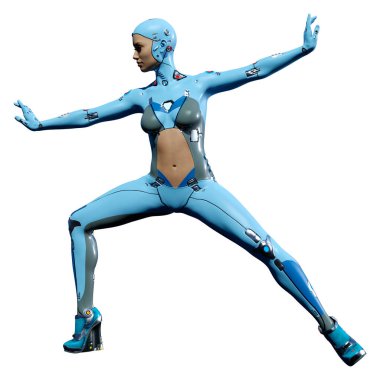 Beyaz arka planda izole edilmiş bir kadın robotun 3 boyutlu canlandırması