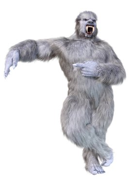 Bir kar canavarı ya da beyaz arka planda izole edilmiş bir Koca Ayak 'ın 3 boyutlu görüntüsü