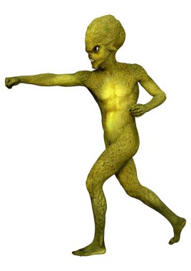 Beyaz arka planda izole edilmiş yeşil bir uzaylının 3 boyutlu görüntüsü