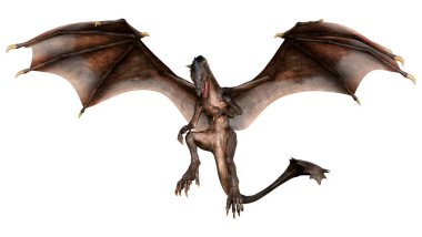 Beyaz arka planda izole edilmiş bir fantezi ejderhanın 3 boyutlu canlandırması