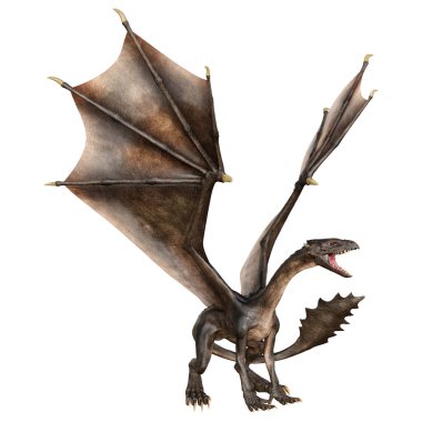 Beyaz arka planda izole edilmiş bir fantezi ejderhanın 3 boyutlu canlandırması