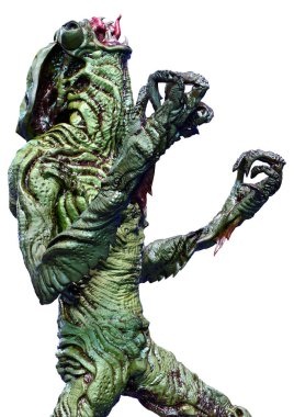 Beyaz arka planda izole edilmiş yeşil bir uzaylının 3 boyutlu görüntüsü