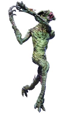 Beyaz arka planda izole edilmiş yeşil bir uzaylının 3 boyutlu görüntüsü