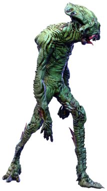 Beyaz arka planda izole edilmiş yeşil bir uzaylının 3 boyutlu görüntüsü