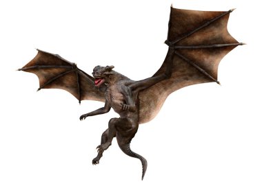 Beyaz arka planda izole edilmiş bir fantezi ejderhanın 3 boyutlu canlandırması