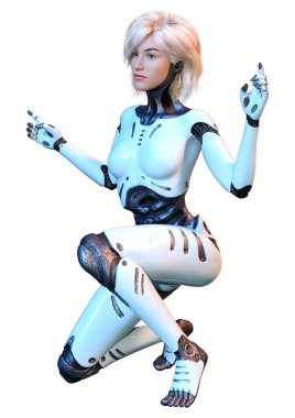 Beyaz arka planda izole edilmiş bir kadın robotun 3 boyutlu canlandırması
