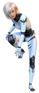 Beyaz arka planda izole edilmiş bir kadın robotun 3 boyutlu canlandırması
