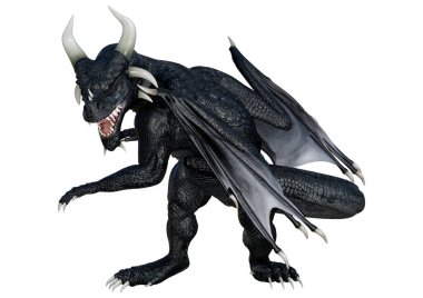 Beyaz arka planda izole edilmiş bir fantezi ejderhanın 3 boyutlu canlandırması