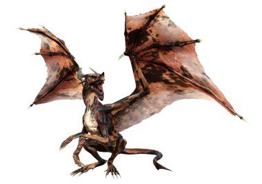 Beyaz arka planda izole edilmiş bir fantezi ejderhanın 3 boyutlu canlandırması