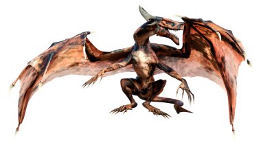 Beyaz arka planda izole edilmiş bir fantezi ejderhanın 3 boyutlu canlandırması