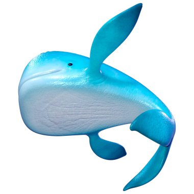 Beyaz arka planda izole edilmiş mavi bir karikatür balinasının 3 boyutlu görüntüsü
