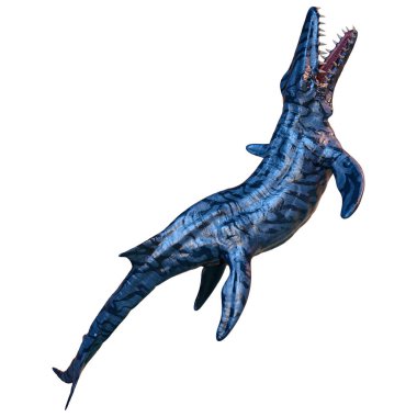 Bir Mosasaurus 'un 3 boyutlu yansıması, deniz yaratığı, tarih öncesi dinozor beyaz arka planda izole edilmiş.