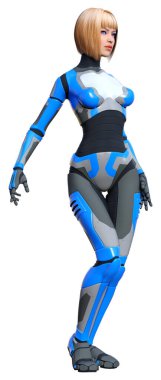 Beyaz arka planda izole edilmiş bir kadın robotun 3 boyutlu canlandırması