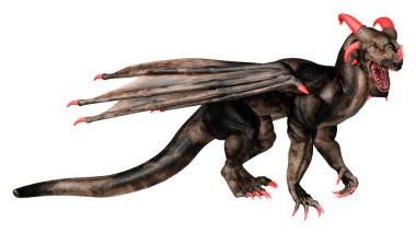 Beyaz arka planda izole edilmiş bir fantezi ejderhanın 3 boyutlu canlandırması