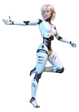 Beyaz arka planda izole edilmiş bir kadın robotun 3 boyutlu canlandırması