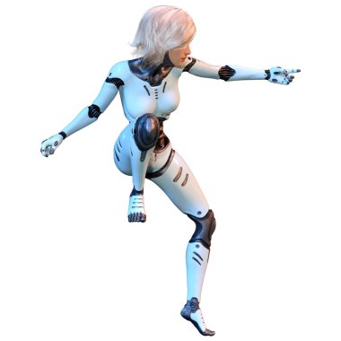 Beyaz arka planda izole edilmiş bir kadın robotun 3 boyutlu canlandırması