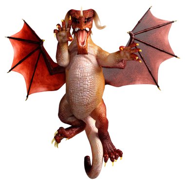 Beyaz arka planda izole edilmiş bir fantezi ejderhanın 3 boyutlu canlandırması