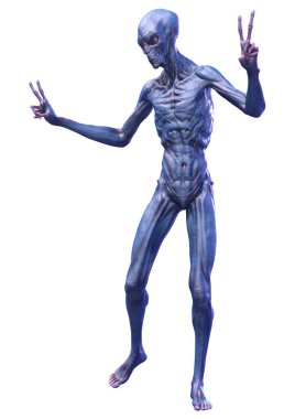 Beyaz arka planda izole edilmiş mavi bir uzaylının 3 boyutlu görüntüsü