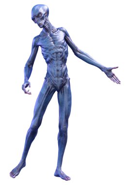 Beyaz arka planda izole edilmiş mavi bir uzaylının 3 boyutlu görüntüsü