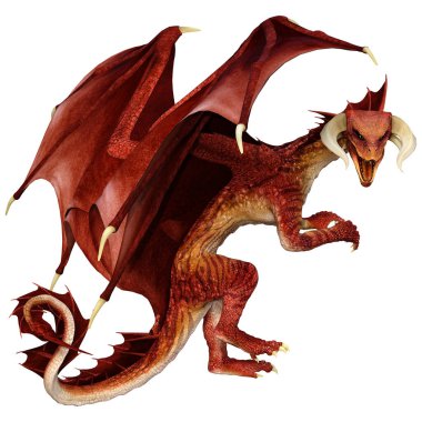 Beyaz arka planda izole edilmiş bir fantezi ejderhanın 3 boyutlu canlandırması