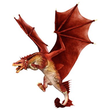 Beyaz arka planda izole edilmiş bir fantezi ejderhanın 3 boyutlu canlandırması