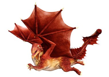 Beyaz arka planda izole edilmiş bir fantezi ejderhanın 3 boyutlu canlandırması