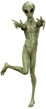 Beyaz arka planda izole edilmiş yeşil bir uzaylının 3 boyutlu görüntüsü