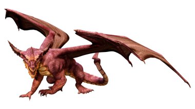 Beyaz arka planda izole edilmiş bir fantezi ejderhanın 3 boyutlu canlandırması