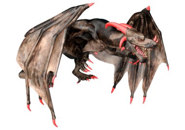 Beyaz arka planda izole edilmiş bir fantezi ejderhanın 3 boyutlu canlandırması