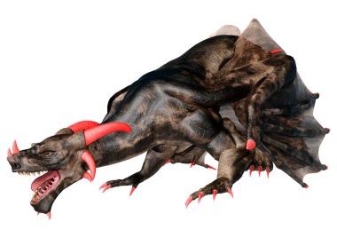 Beyaz arka planda izole edilmiş bir fantezi ejderhanın 3 boyutlu canlandırması