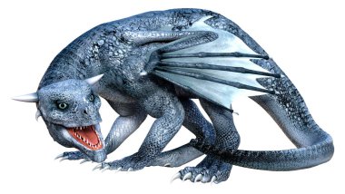 Beyaz arka planda izole edilmiş bir fantezi ejderhanın 3 boyutlu canlandırması