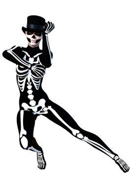 Cadılar Bayramı partisi için iskelet kostüm giyen genç bir kadının beyaz arka planda 3 boyutlu görüntüsü.