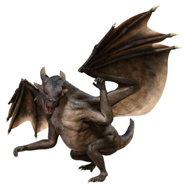 Beyaz arka planda izole edilmiş bir fantezi ejderhanın 3 boyutlu canlandırması