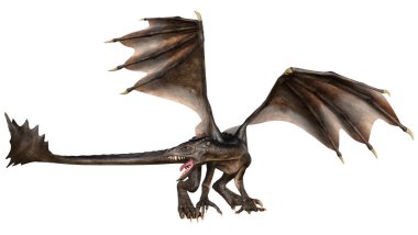 Beyaz arka planda izole edilmiş bir fantezi ejderhanın 3 boyutlu canlandırması