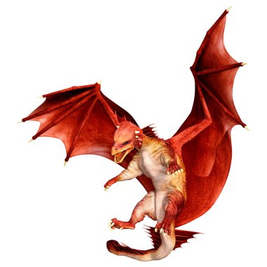 Beyaz arka planda izole edilmiş bir fantezi ejderhanın 3 boyutlu canlandırması