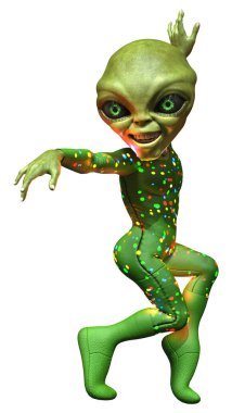 Beyaz arka planda izole edilmiş yeşil bir uzaylının 3 boyutlu görüntüsü