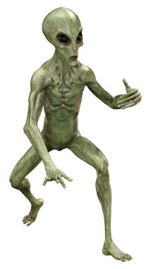 Beyaz arka planda izole edilmiş yeşil bir uzaylının 3 boyutlu görüntüsü