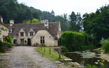 Cotswolds, Wiltshire, İngiltere 'deki Combe Kalesi köyünde bitkilerle süslenmiş geleneksel taş evler.