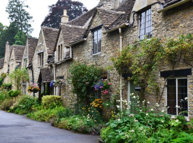 Cotswolds, Wiltshire, İngiltere 'deki Combe Kalesi köyünde bitkilerle süslenmiş geleneksel taş evler.