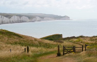 Deniz manzarası ve Seven Sisters Kayalıkları 'ndan deniz manzarası. Seaford, Doğu Sussex, İngiltere, Birleşik Krallık